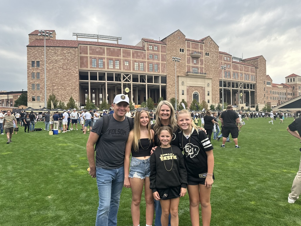 The Platte River Hat Co. family at Folsom Field in Boulder, Colorado wearing custom patch hats