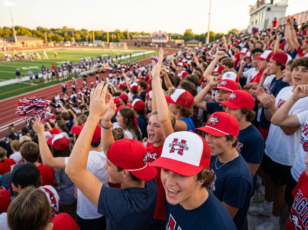 High school student section packed into stadium bleachers cheering in matching custom school patch hats