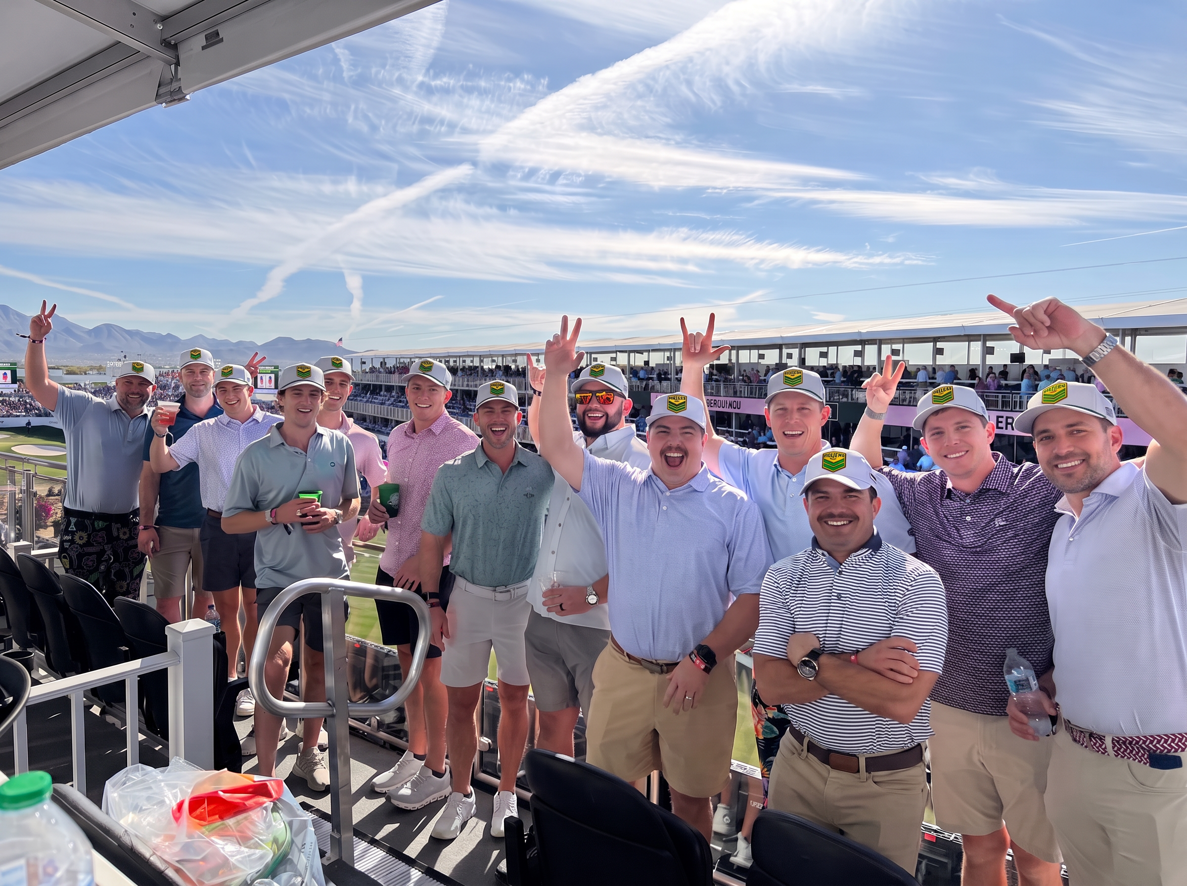 Corporate group at a golf tournament suite wearing matching custom HULK patch hats