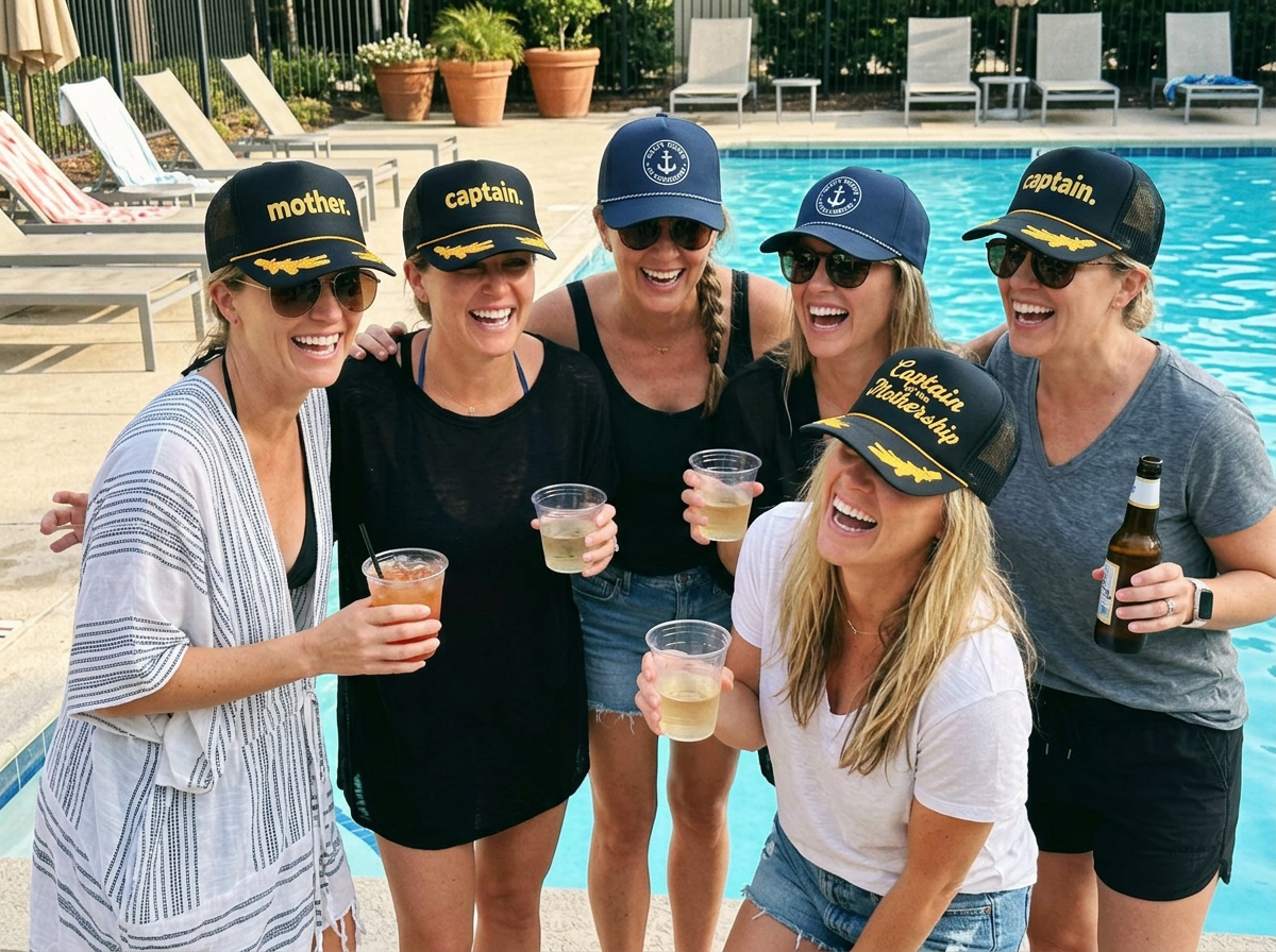 Group of women laughing and enjoying a sunny poolside party while wearing custom decorated patch hats