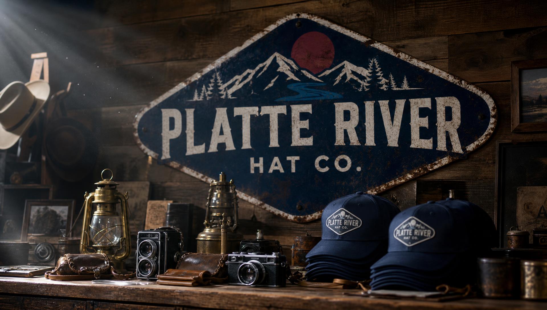 Rustic Colorado farmhouse counter with vintage lanterns, cameras and Platte River Hat Co. patch hats beneath a weathered diamond-shaped Platte River Hat Co. enamel oil sign