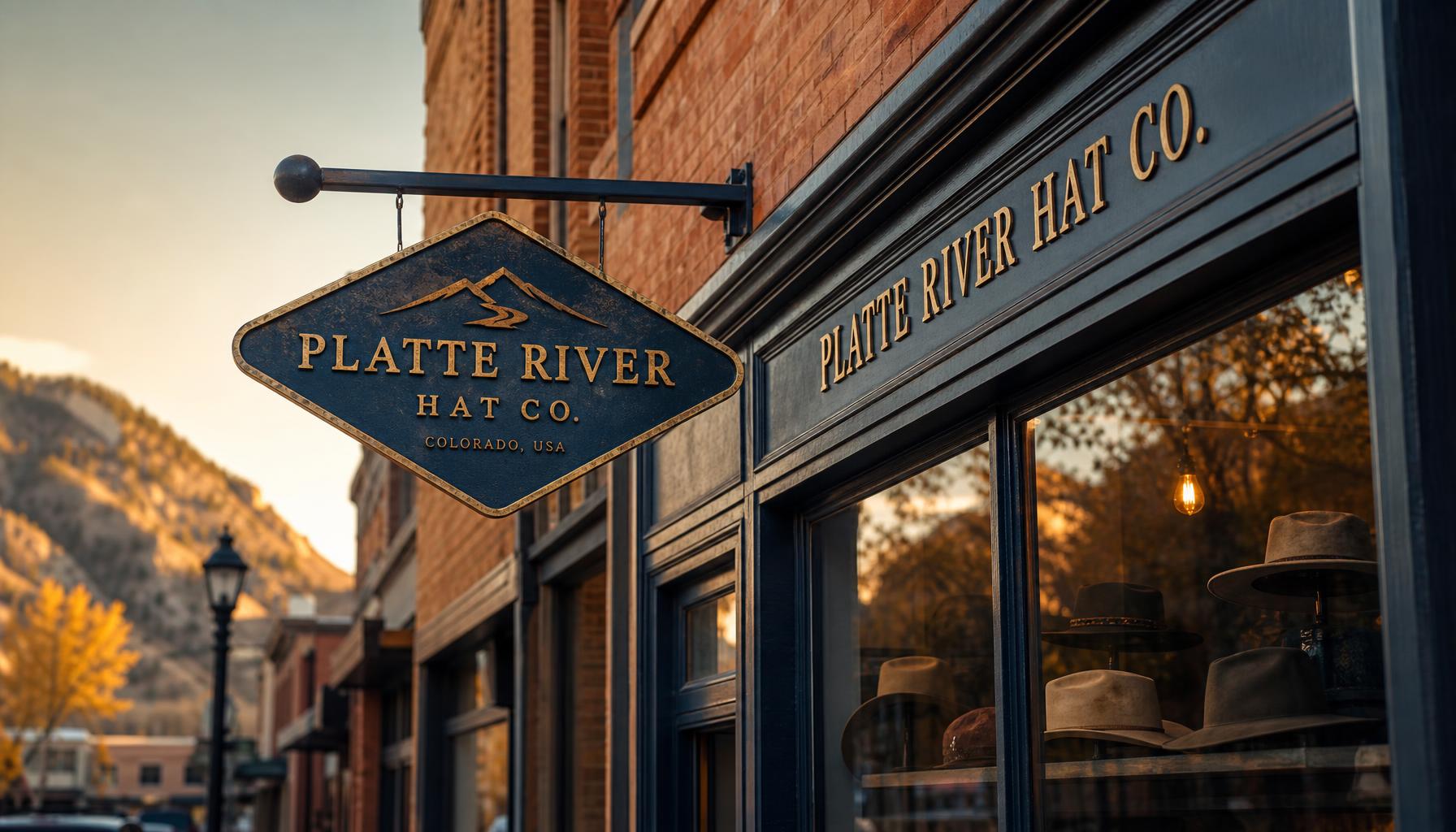 Platte River Hat Co. storefront in golden-hour light with a hanging diamond sign and brimmed hats in the window