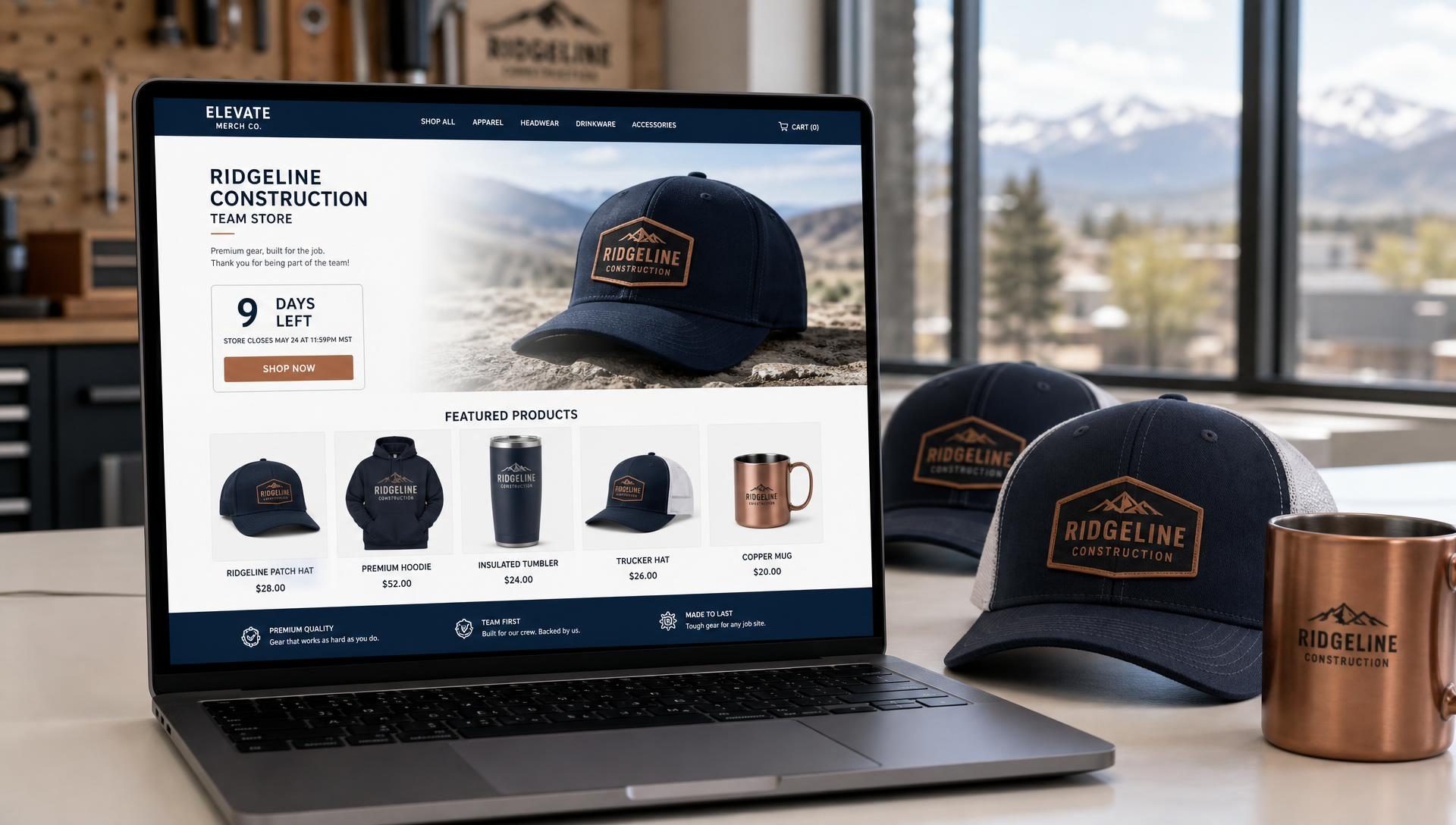 Mockup of a branded pop-up team store webpage on a laptop with custom navy patch hats and a copper mug on the desk