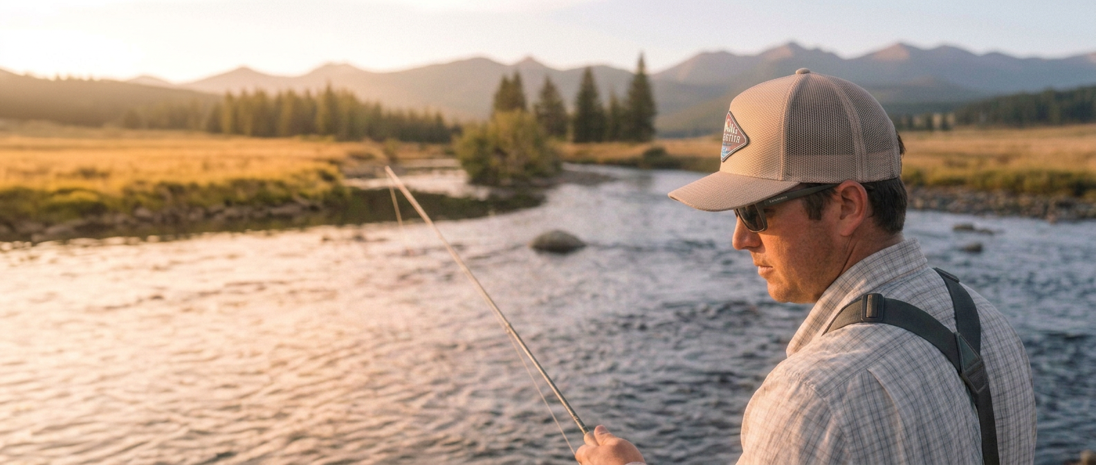 Fly fisherman casting in a Colorado river wearing a custom patch trucker hat