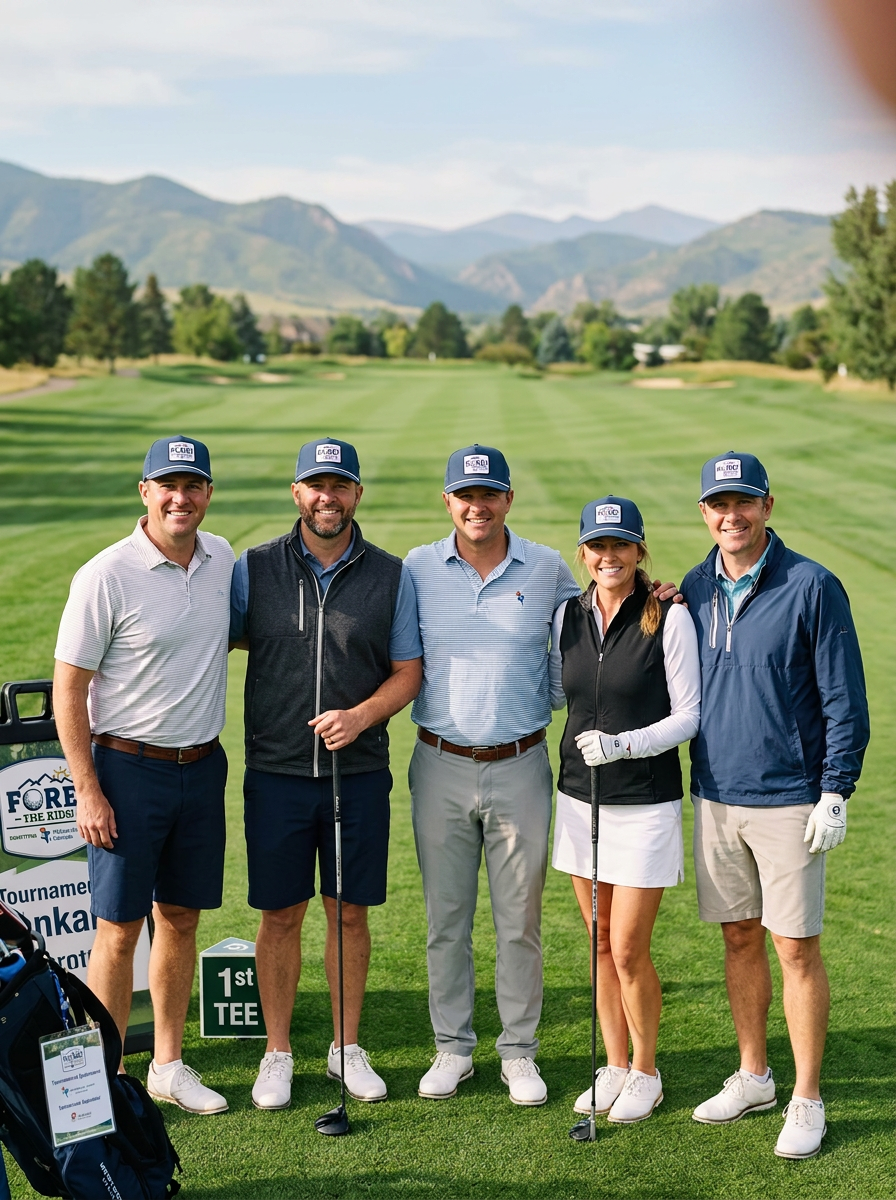 Group of golfers at a charity golf tournament wearing matching navy Branded Bills rope hats with a FORE! The Kids custom patch