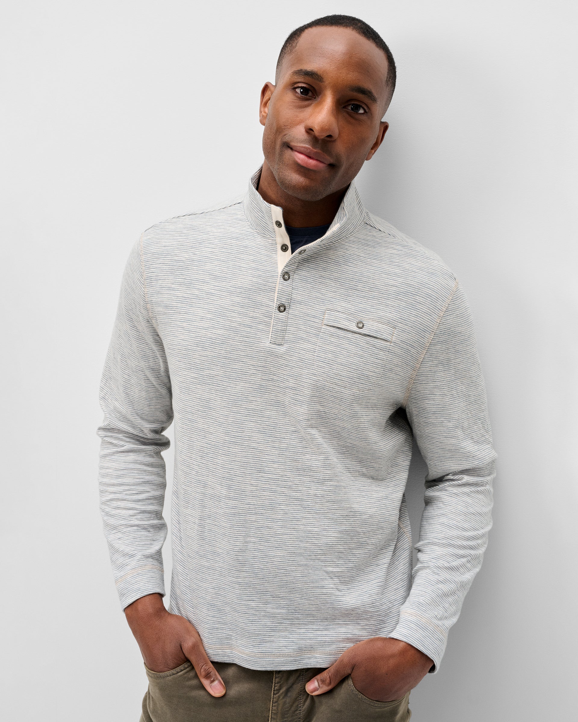 Johnnie-O Cove Striped Cotton Henley in Cream