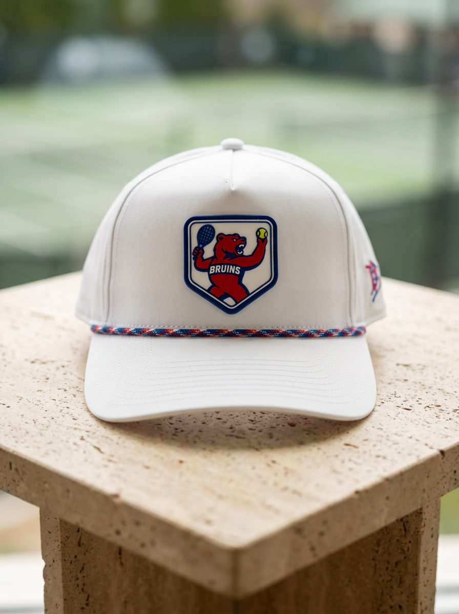White Branded Bills 5-panel rope hat with a custom Bruins tennis PVC patch