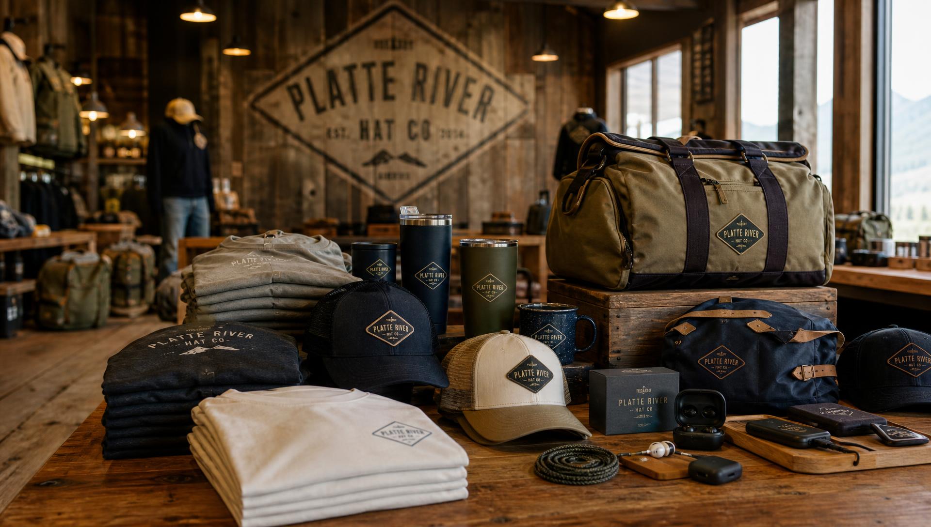 Platte River Hat Co. mountain barn retail store floor with custom apparel, drinkware, bags, and branded gear