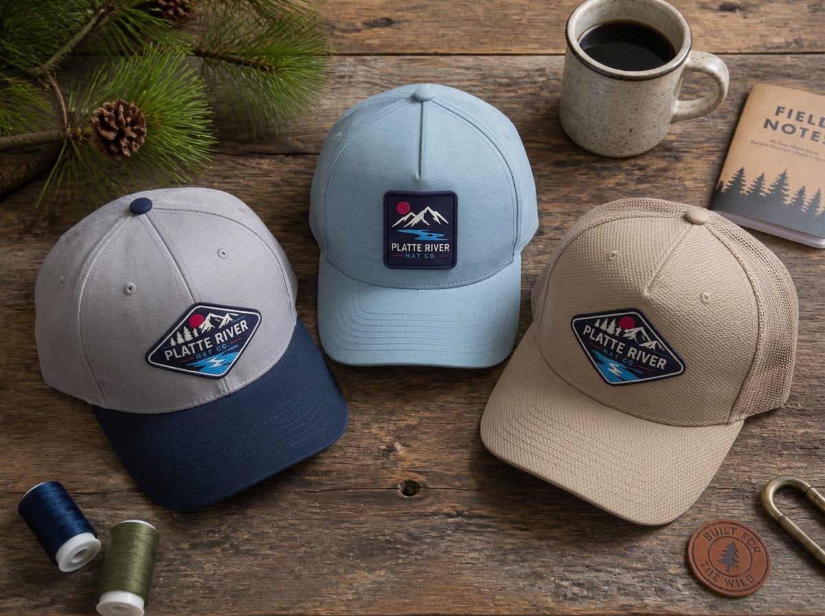 Overhead flat lay of three Platte River Hat Co. patch hats, tan mesh trucker, dusty blue cap, grey cap with navy brim, on a reclaimed wood table with thread spools and a coffee mug