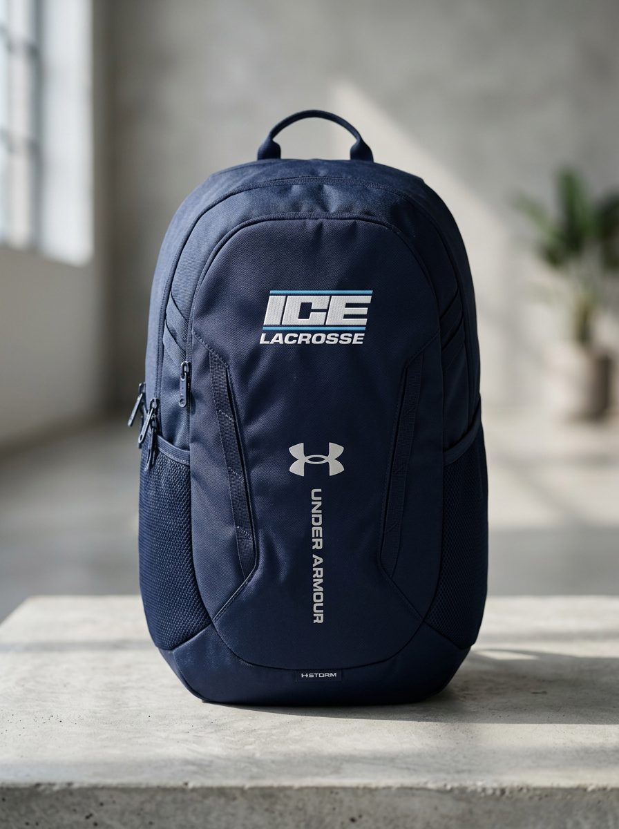 Navy Under Armour Hustle 6.0 backpack embroidered with the ICE Lacrosse logo