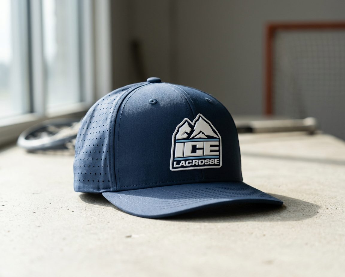 Navy Richardson Laser Perf R-Flex cap with the ICE Lacrosse Liquid 3D patch