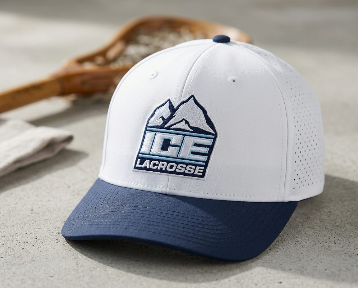 White Richardson Laser Perf R-Flex cap with the ICE Lacrosse patch