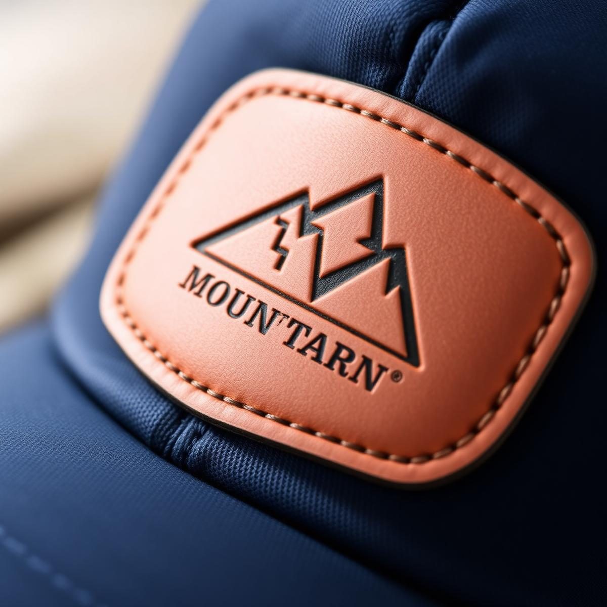 Leather patch macro photograph on a custom cap